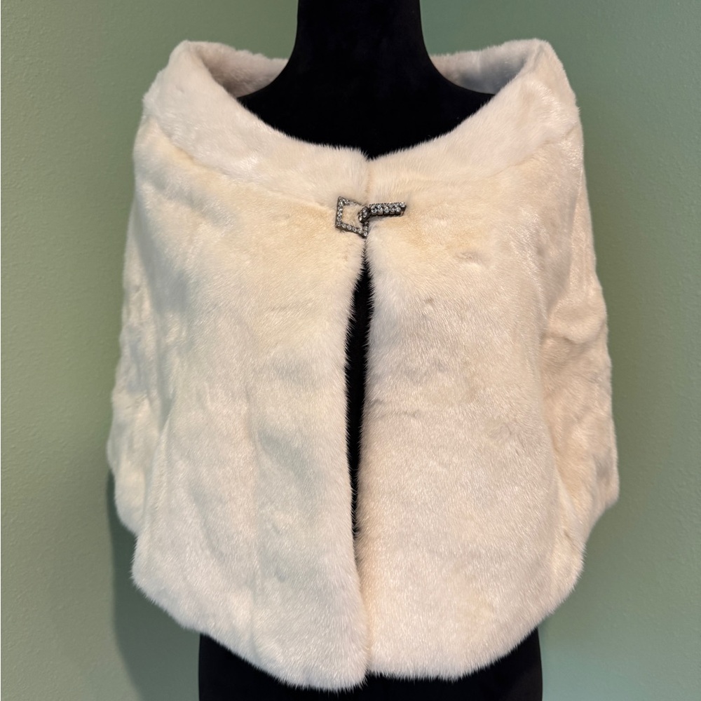 White Mink Fur Cape with Silver Clasp